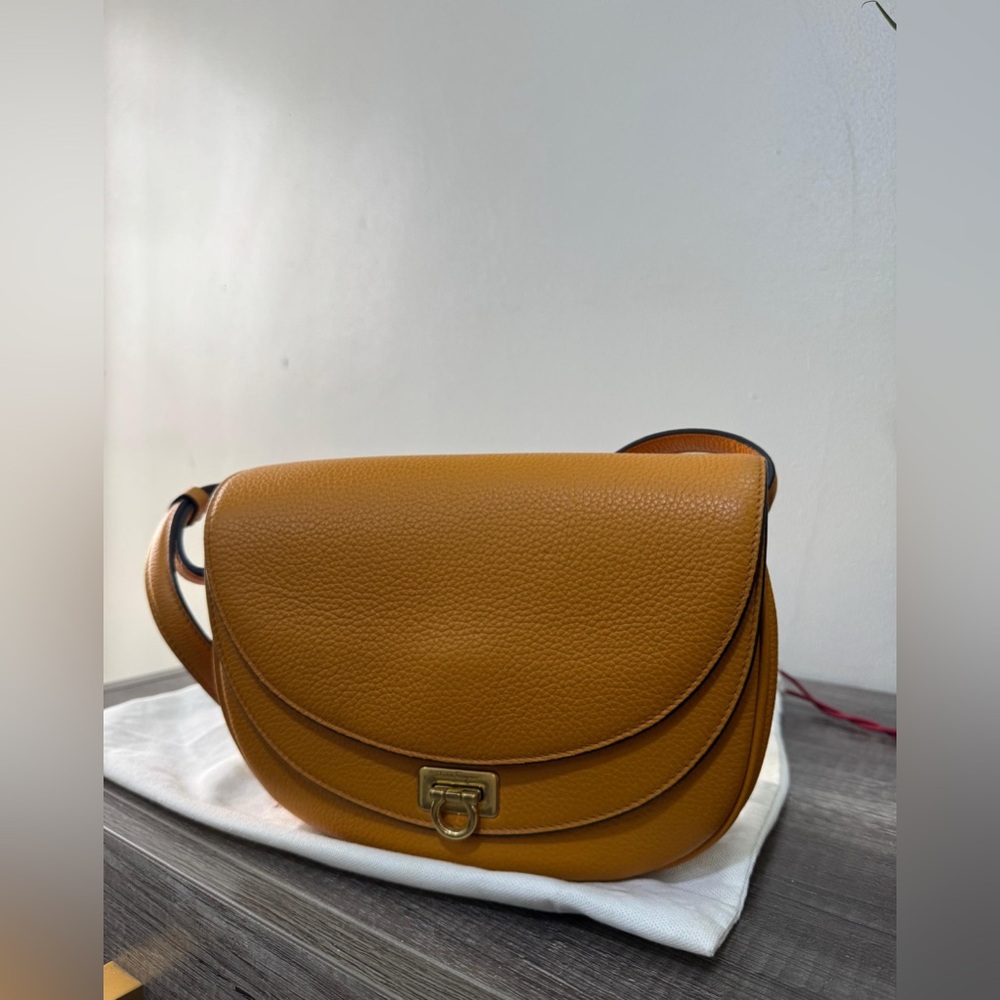 SALVATORE FERRAGAMO Grained Calfskin Gancini Crossbody Flap Orange